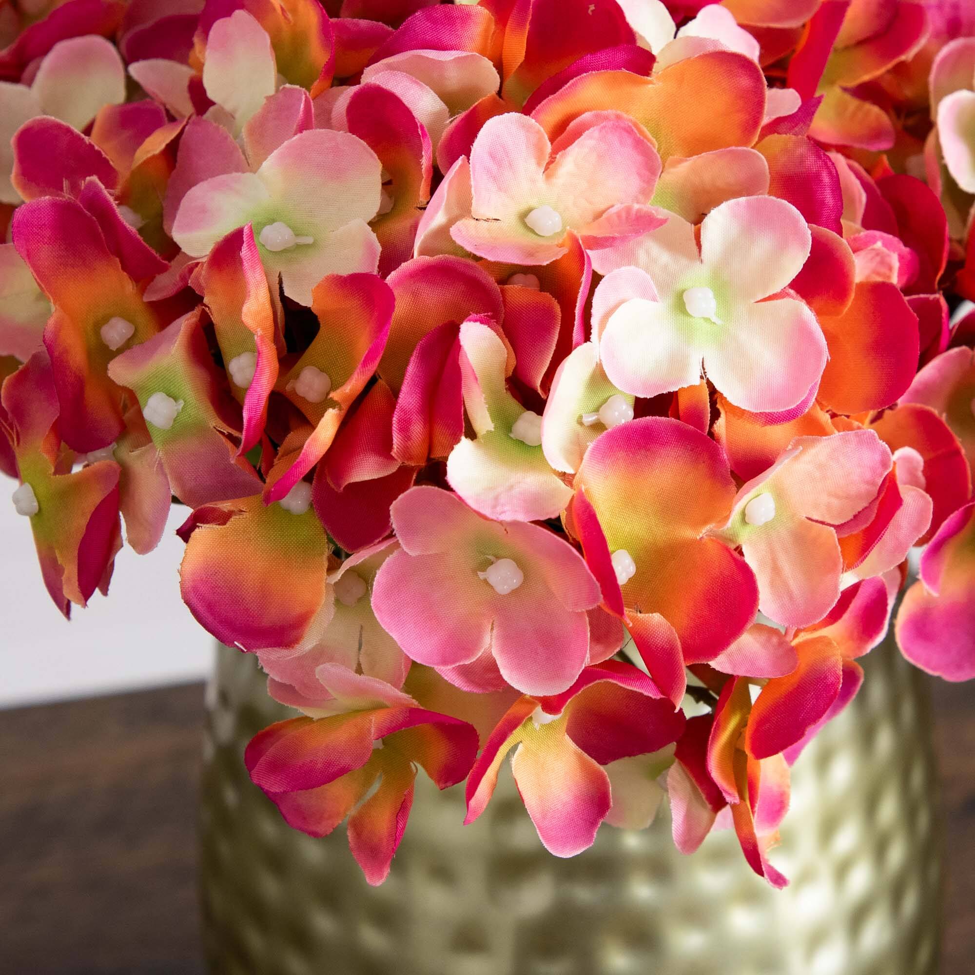 11" Pink Hydrangea Arrangement in Gold Metal Vase